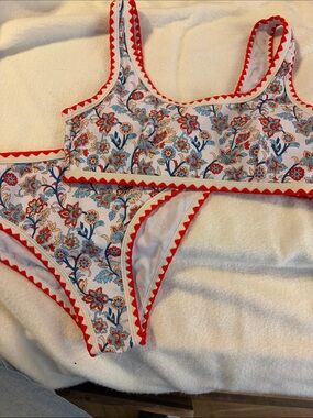 Floral Print Girls' One-Piece Swimsuit with Red Trim